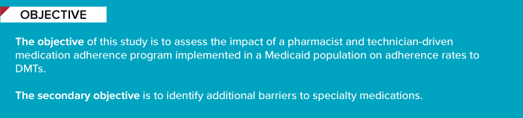 The objective of this study is to assess the impact of a pharmacist and technician-driven medication adherence program implemented in a Medicaid population on adherence rates to DMTs. The secondary objective is to idenfity additional barriers to specialty medications.
